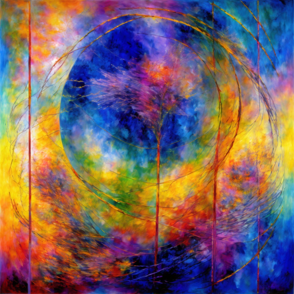 Vibrant Abstract Painting with Colorful Swirls and Trees
