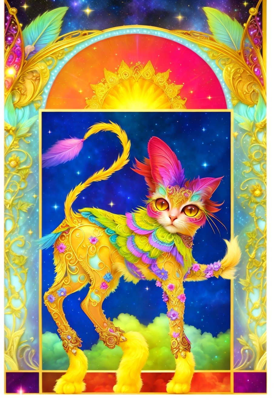 Mythical Cat with Ornate Golden Body and Colorful Fur