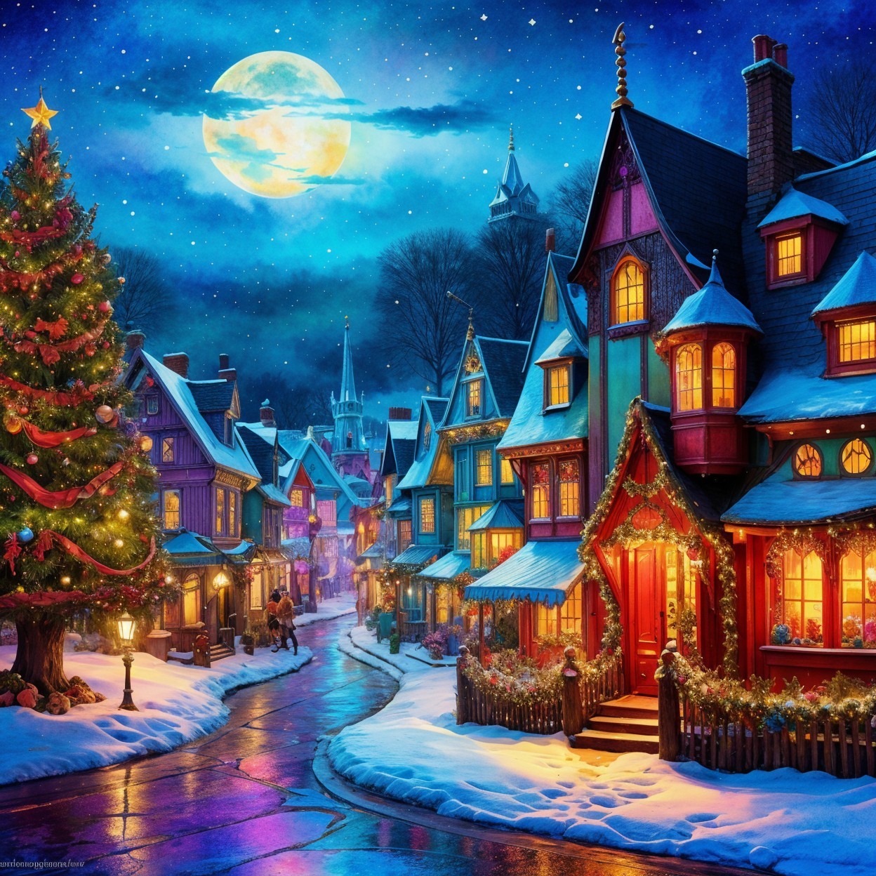 Snowy Village Scene with Colorful Holiday Decorations