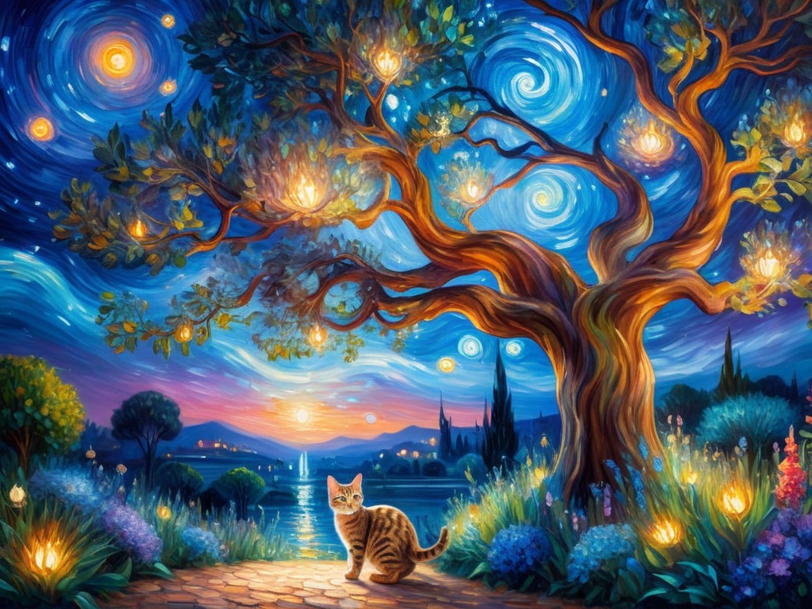 Majestic tree with lanterns and serene twilight lake