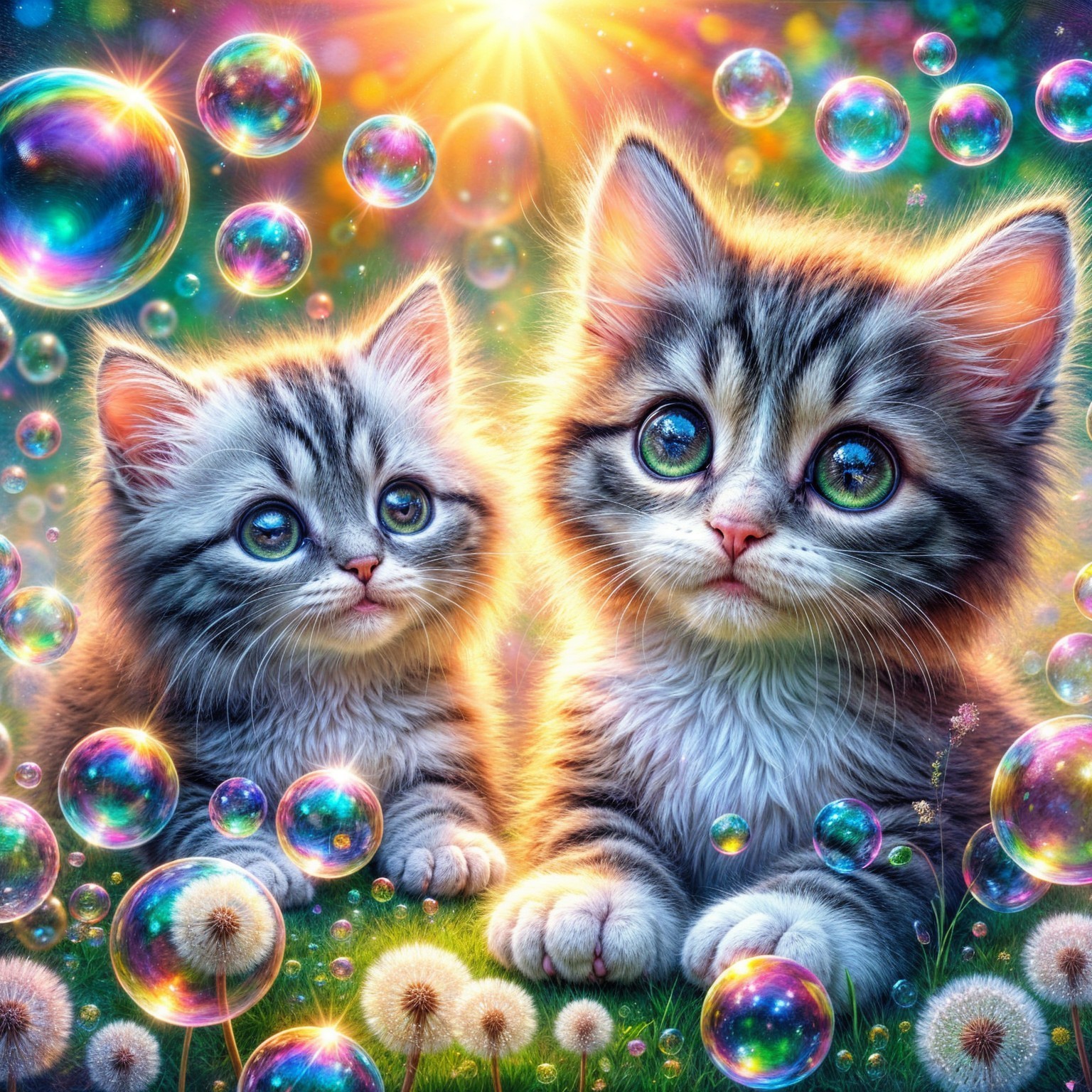 Kittens in a Whimsical Scene with Bubbles and Sunlight