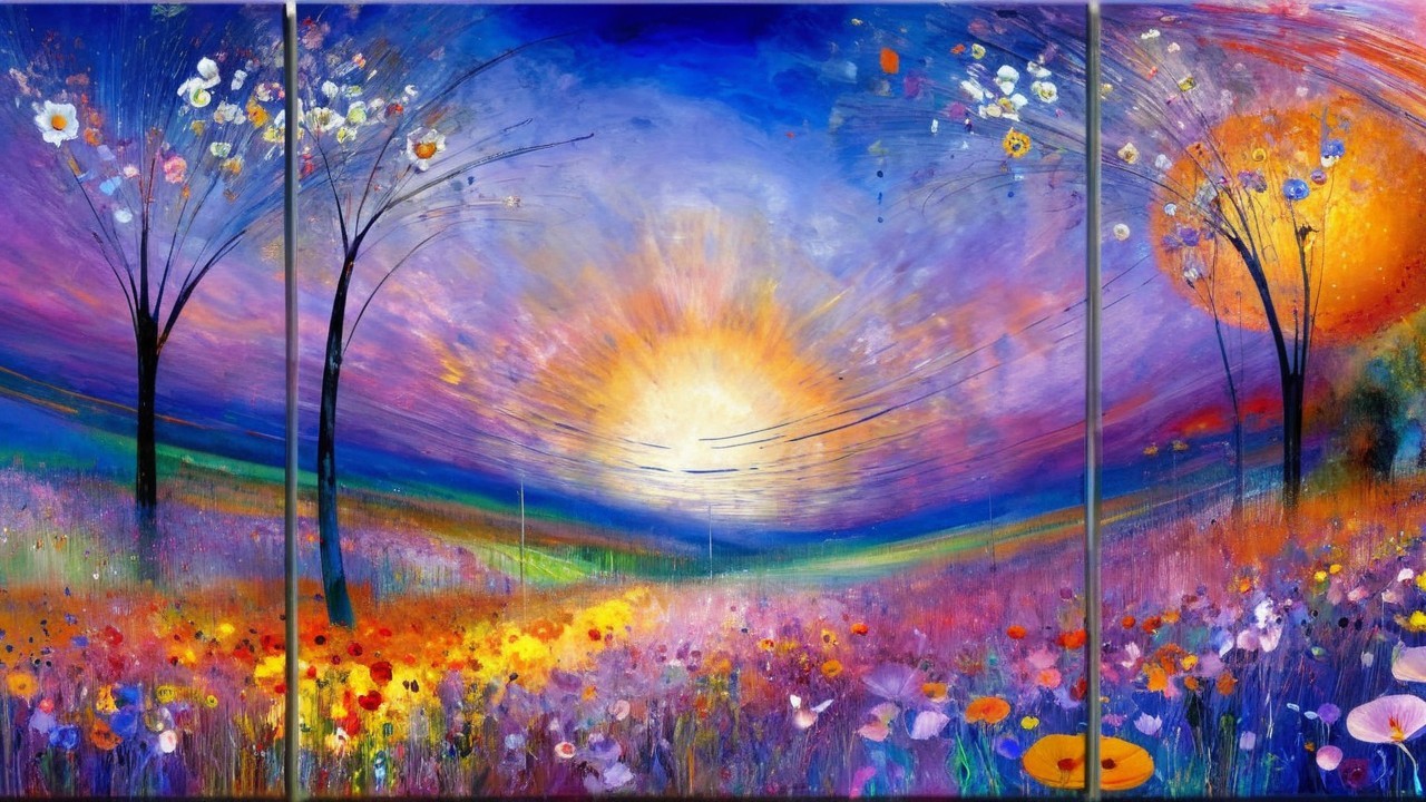 Vibrant Sunset Landscape in Three Panels