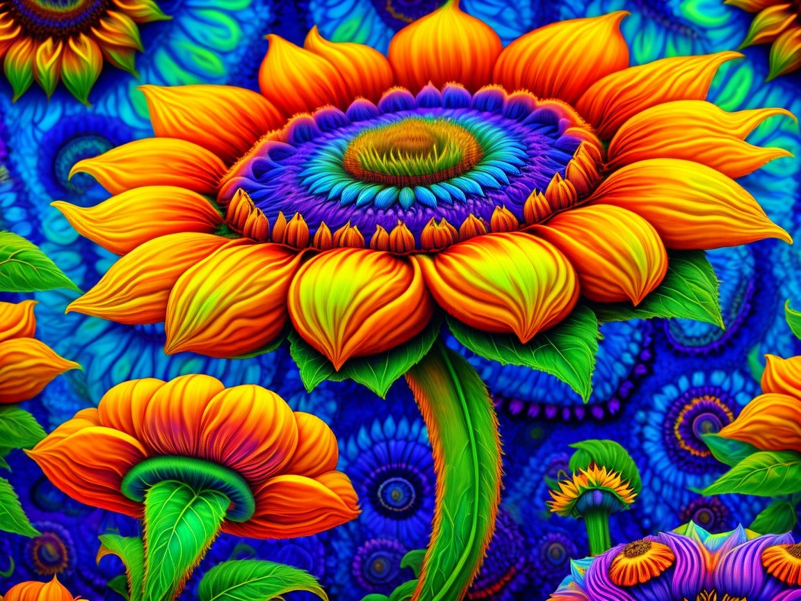 Psychedelic Sunflower with Colorful Background