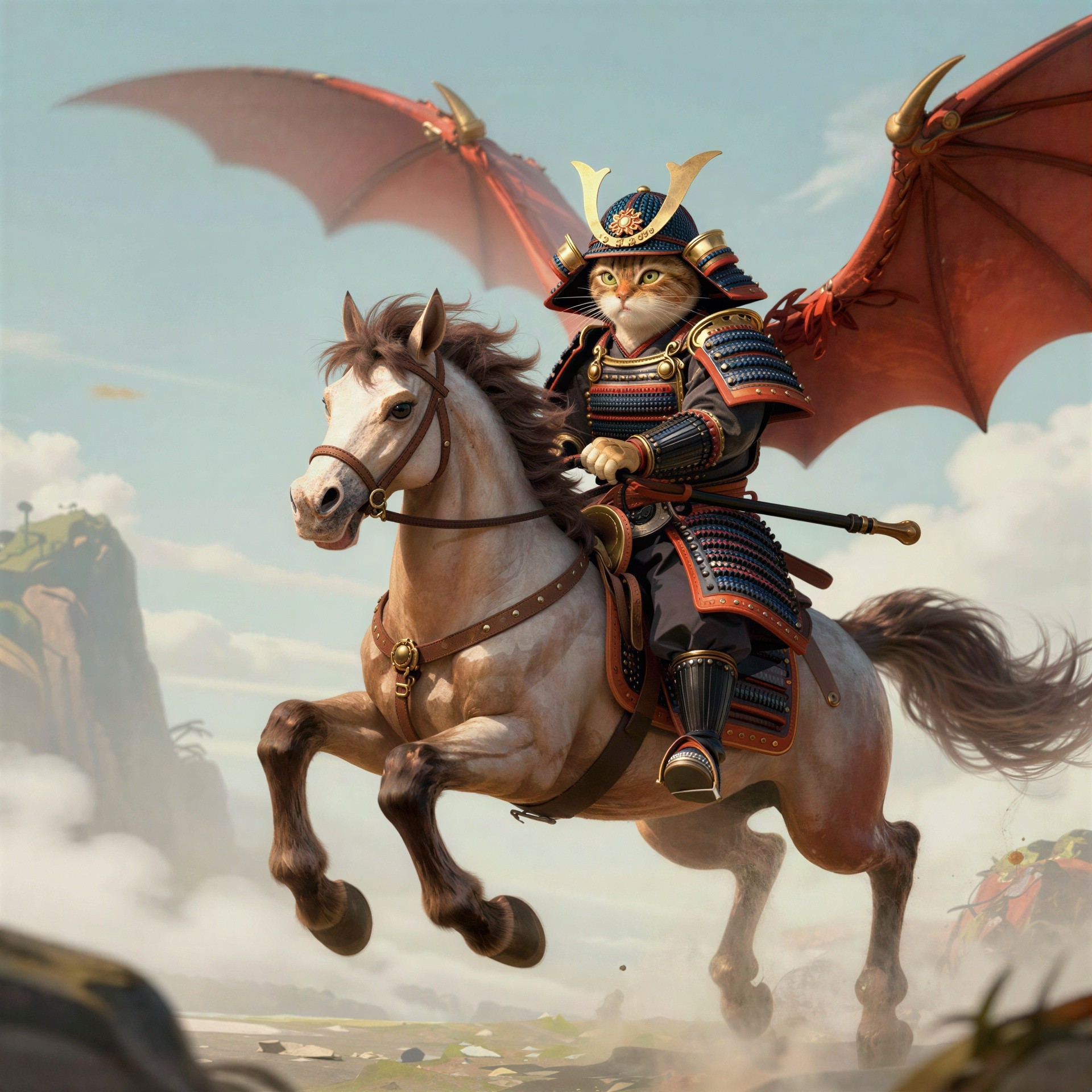 Adventurer Cat in Samurai Armor on Galloping Horse