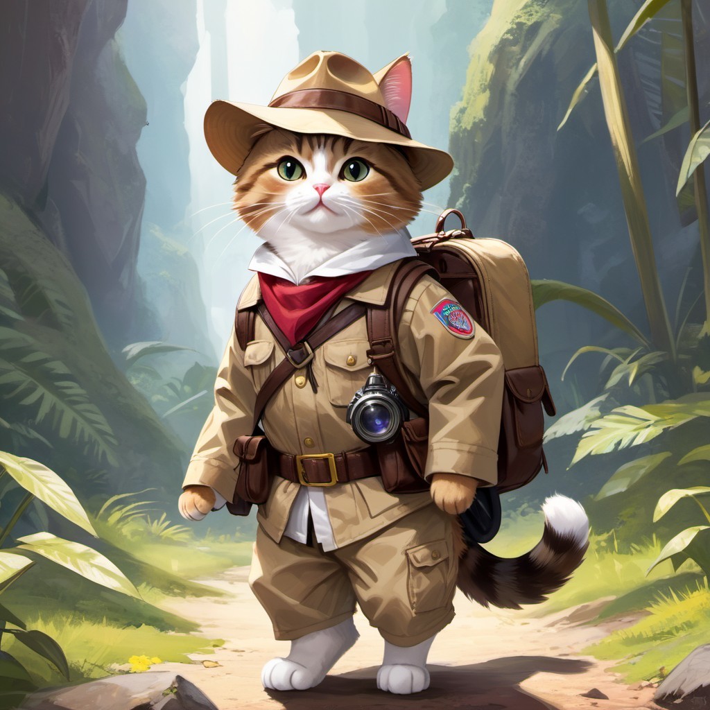 Playful Cat Explorer in Lush Jungle Setting
