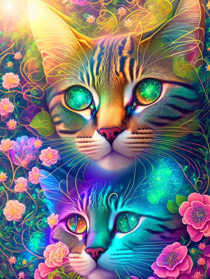 Colorful Illustration of Cats with Galaxy Eyes