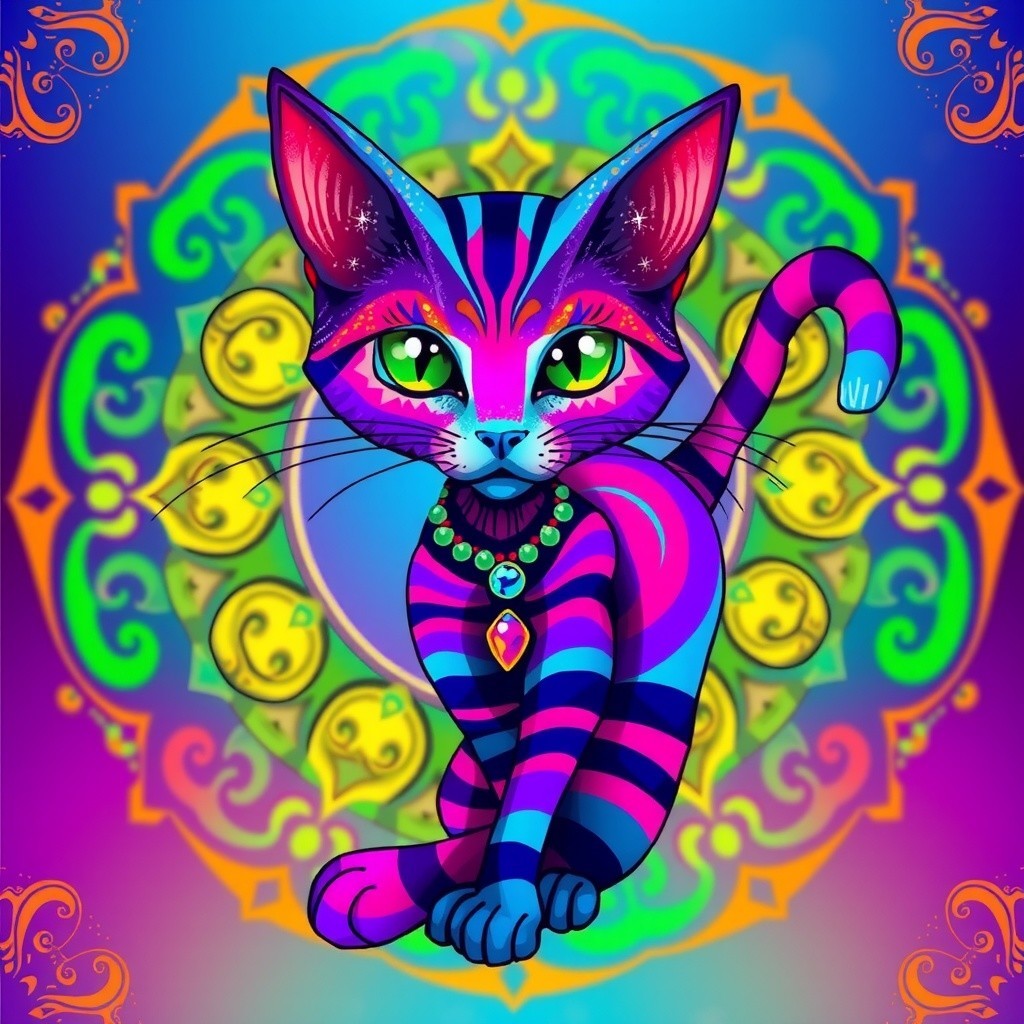 Vibrant Cat with Blue and Pink Stripes in Mandala Art