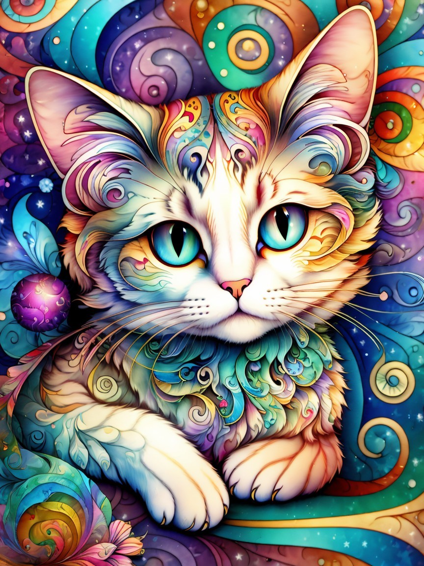 Whimsical Cat Illustration with Turquoise Eyes