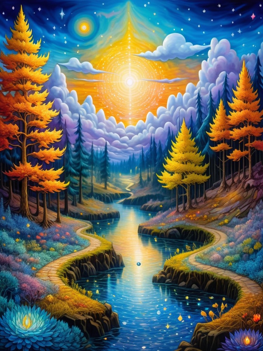 Vibrant dreamlike landscape with winding river and path