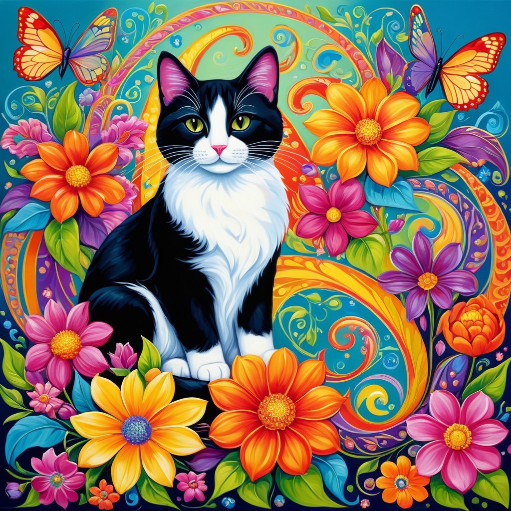 Black and white cat among vibrant blooming flowers