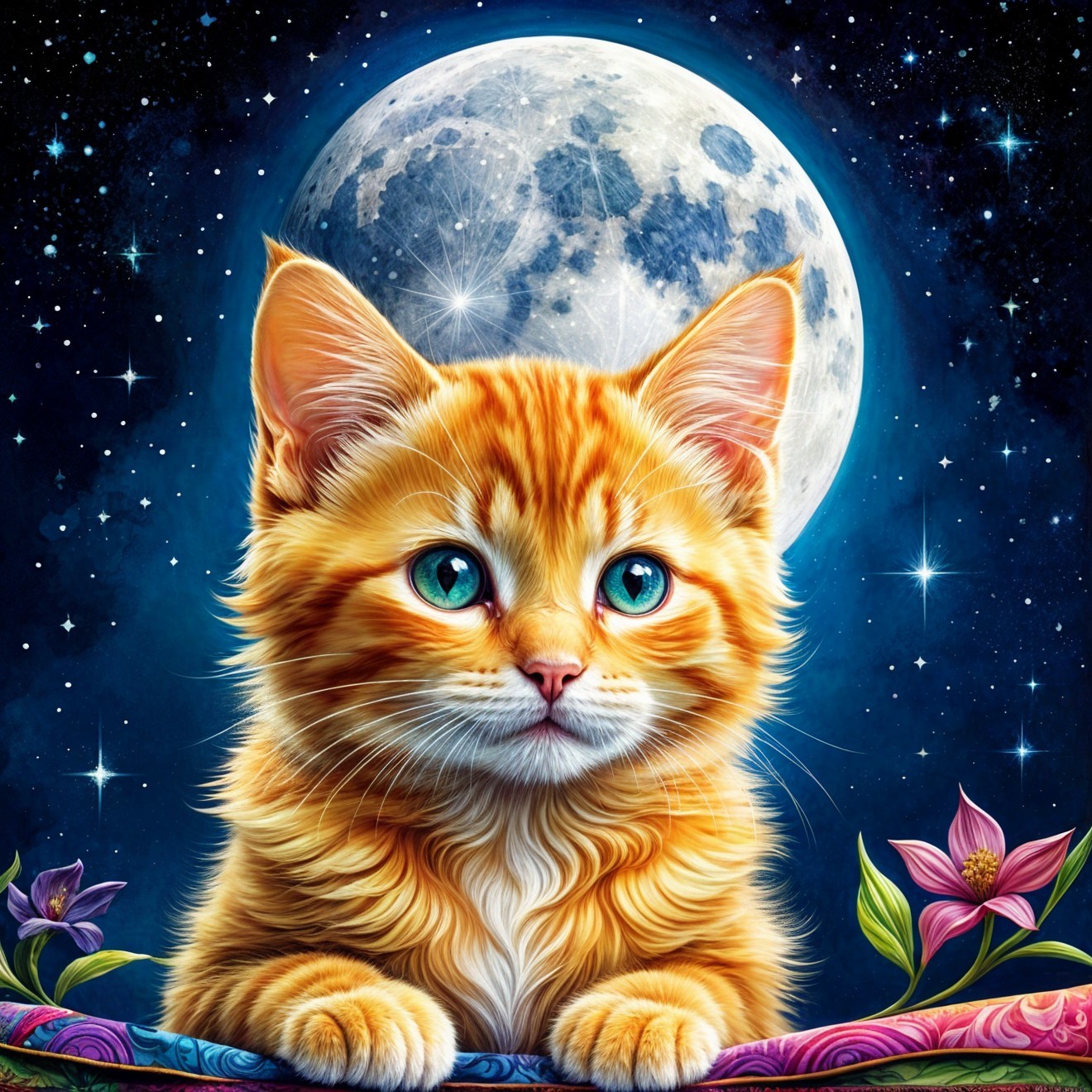 Whimsical Illustration of Orange Cat Under Starry Sky