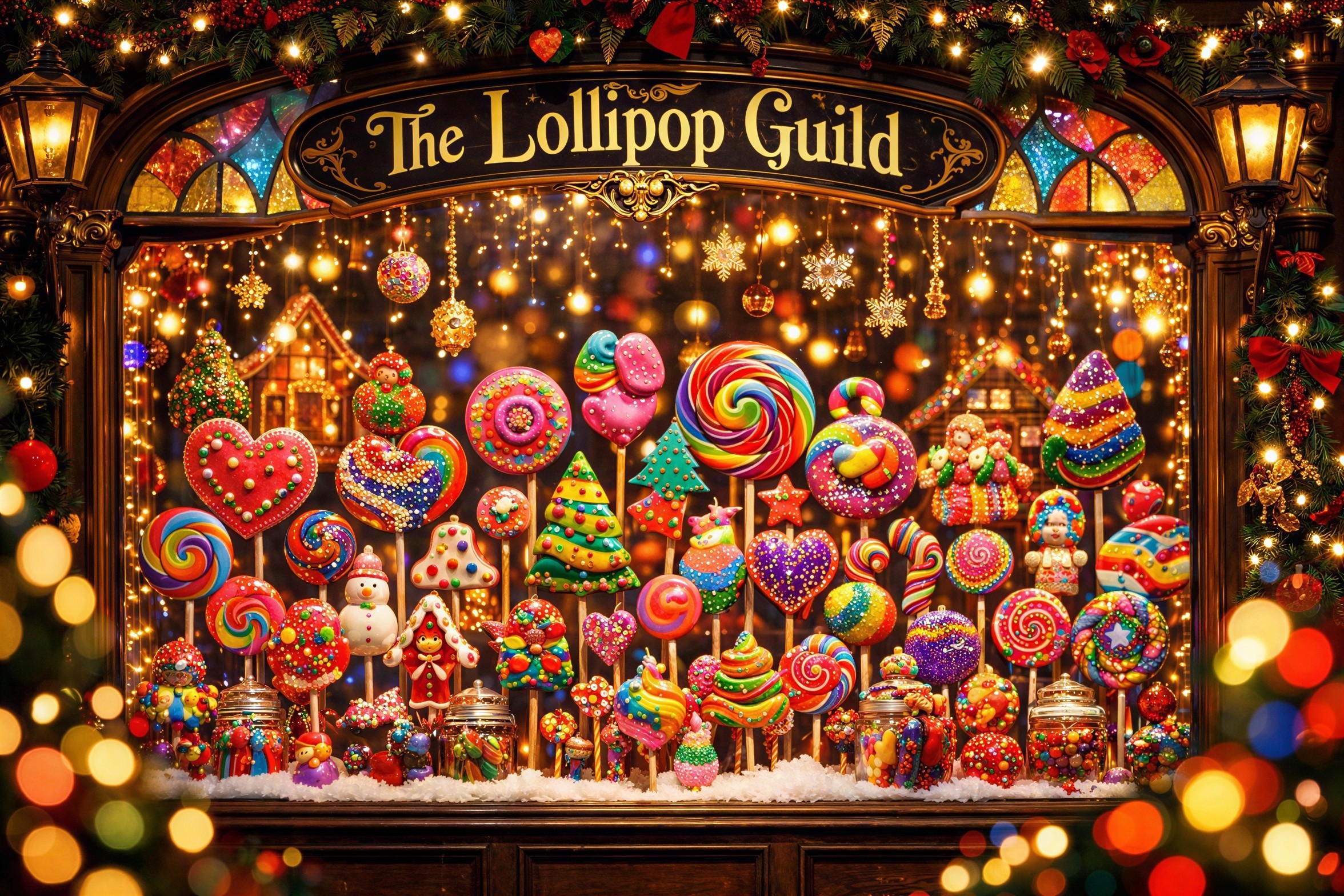 Colorful Christmas Display of Lollipops and Decor