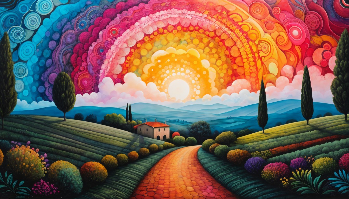 Vibrant Landscape with Winding Road and Sunset Sky