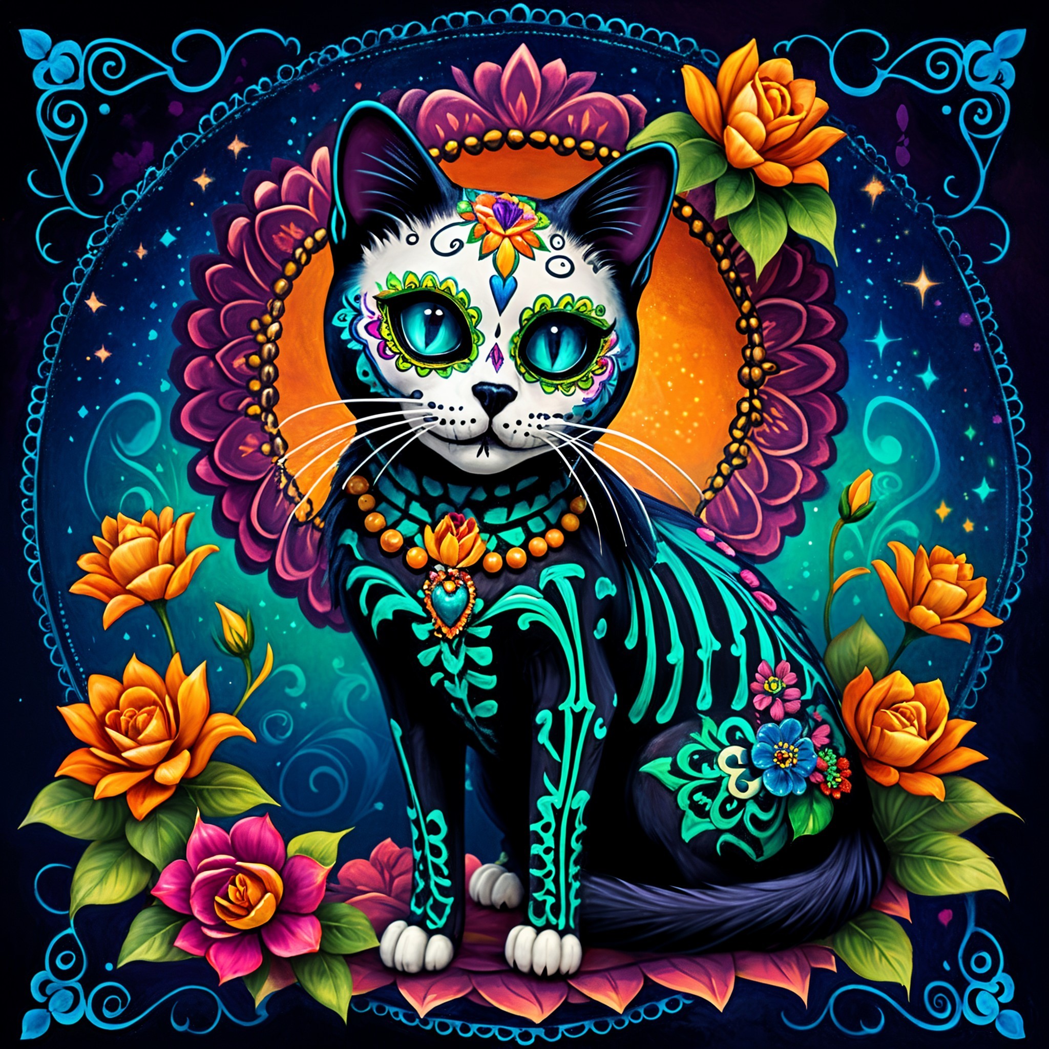 Day of the Dead Cat Illustration with Sugar Skull Design