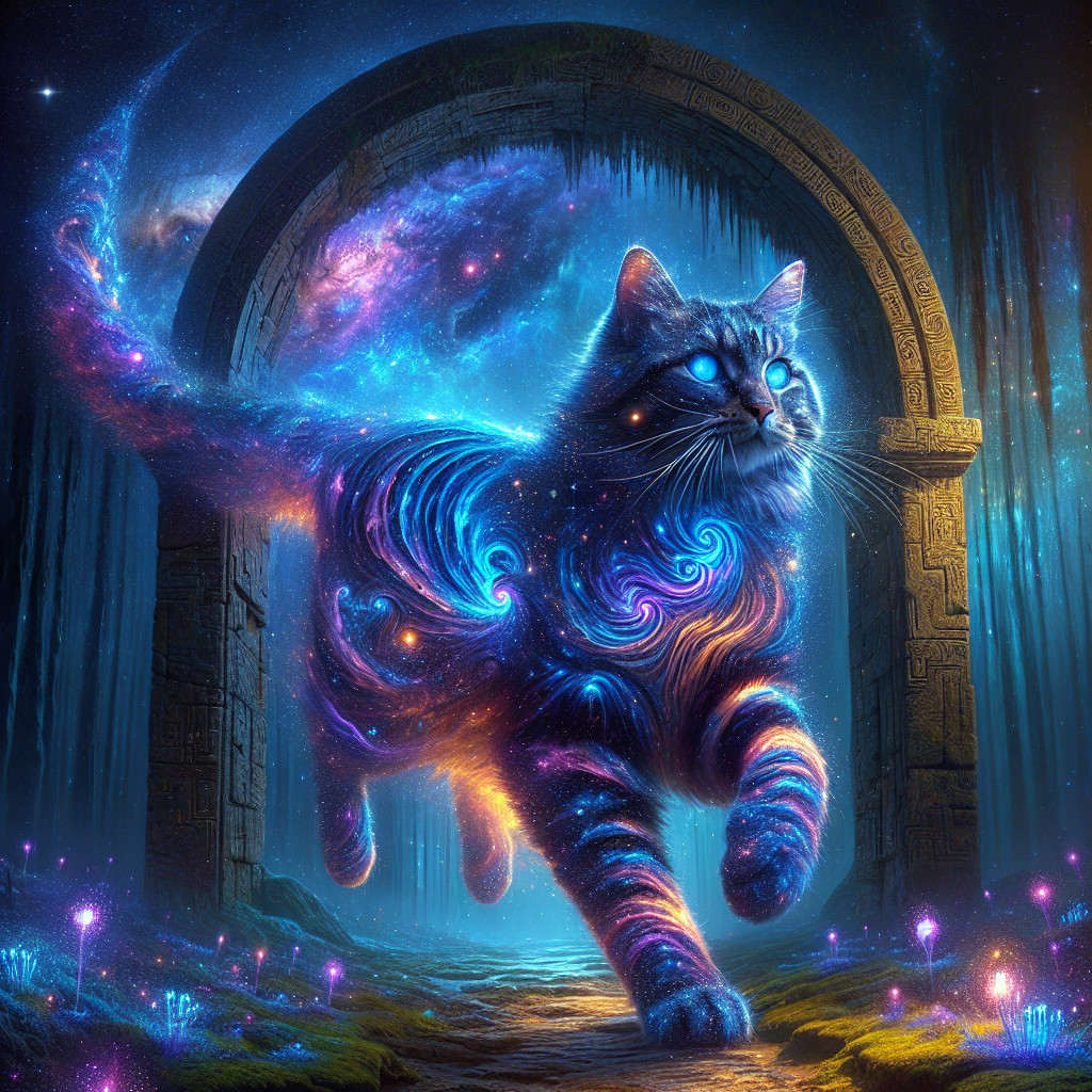 Vibrant Cosmic Cat in Mystical Landscape with Flowers