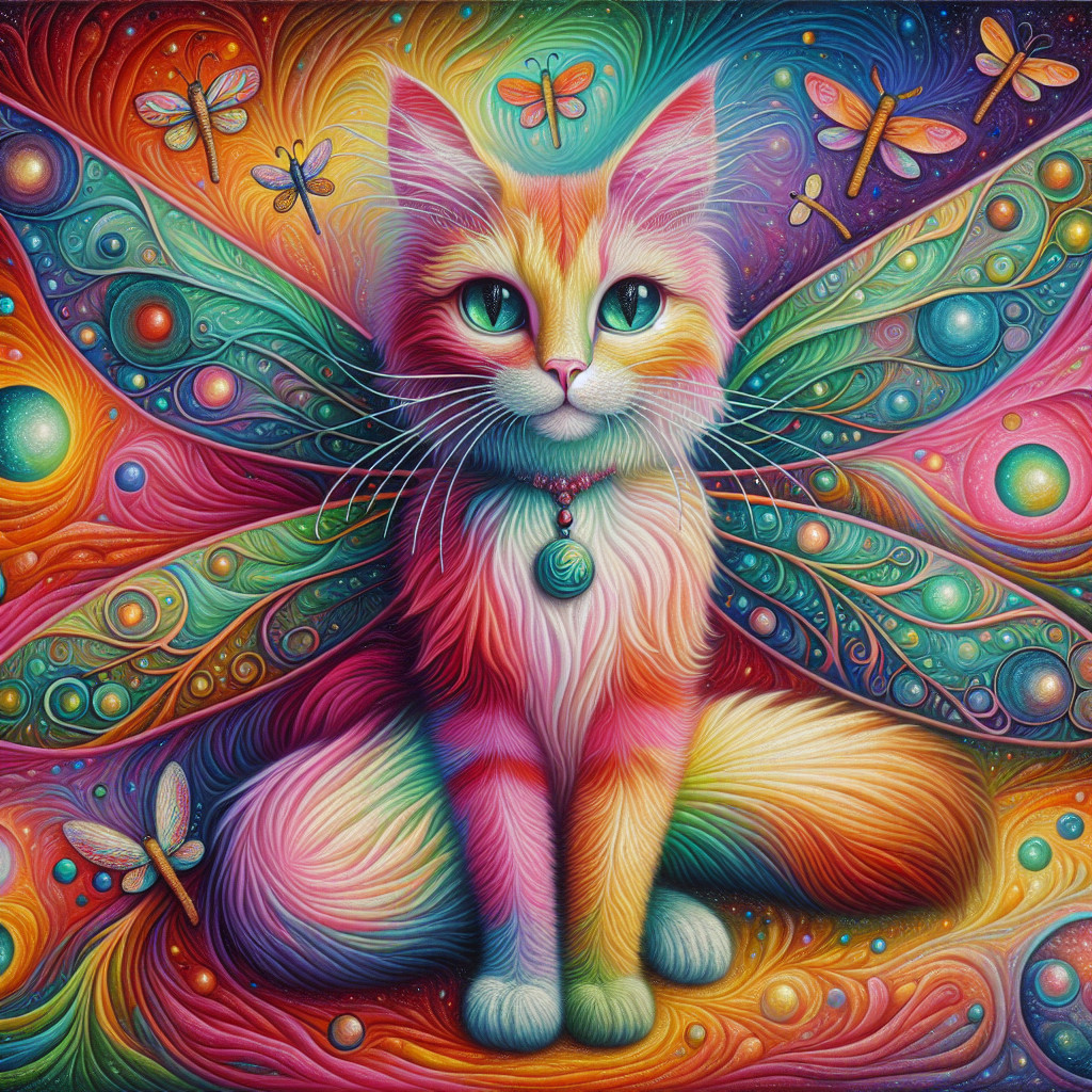 Vibrant Cat with Butterfly Wings in Dreamlike Setting