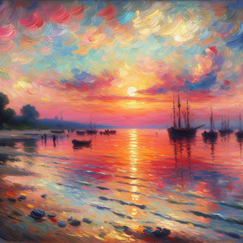 Vibrant Sunset Over Water with Silhouetted Sailboats