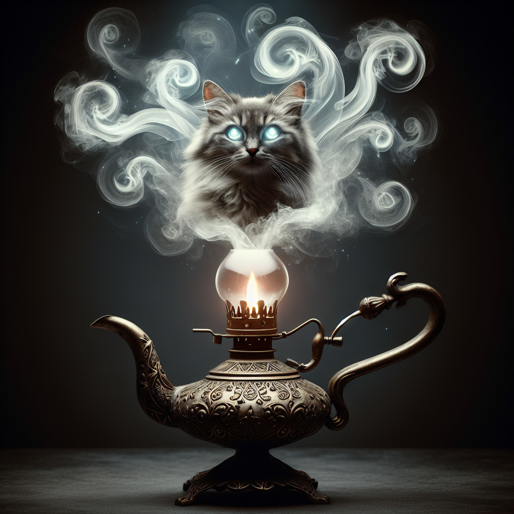 Vintage oil lamp with smoke forming a cat's head