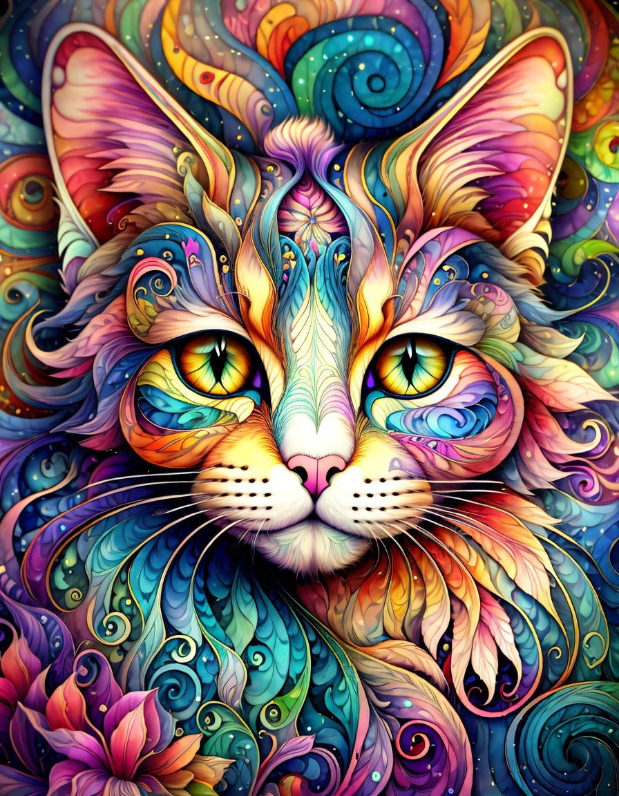 Colorful Cat Face Illustration with Floral Elements
