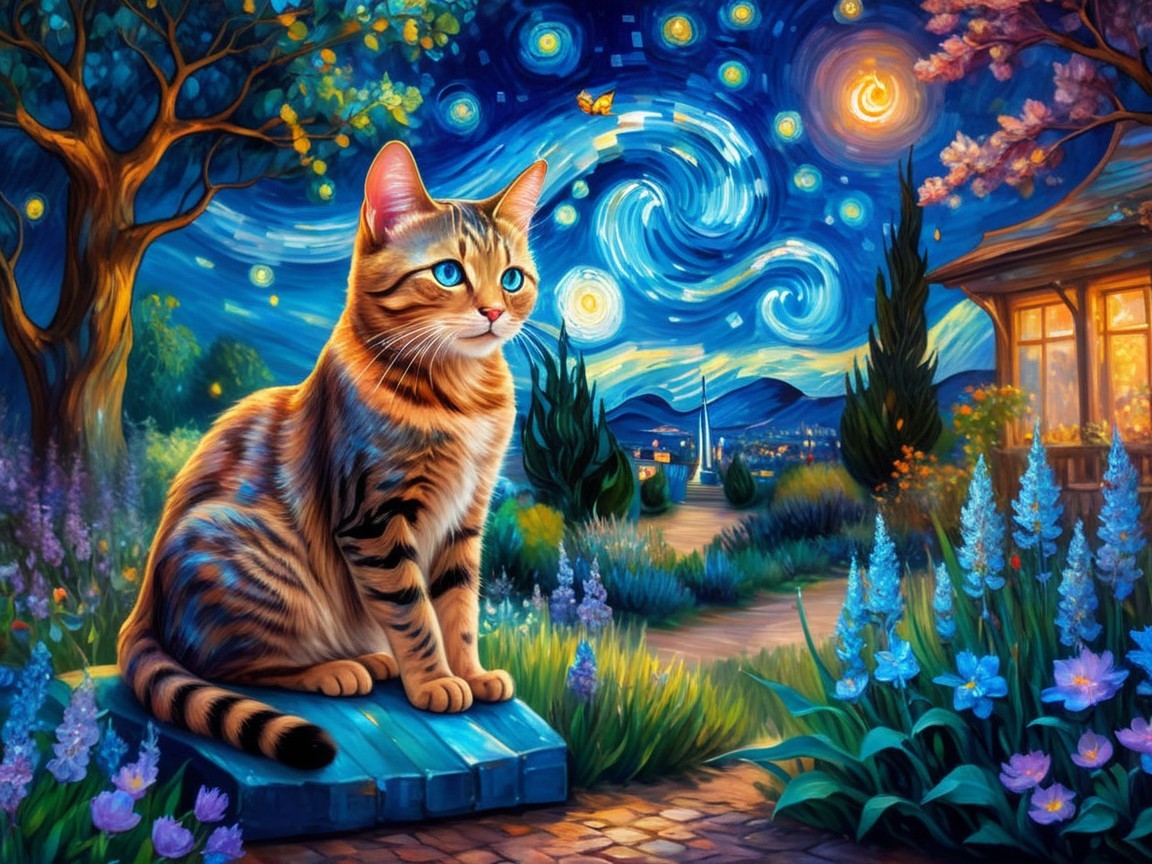 Tabby Cat on Platform Amidst Flowers and Starry Sky