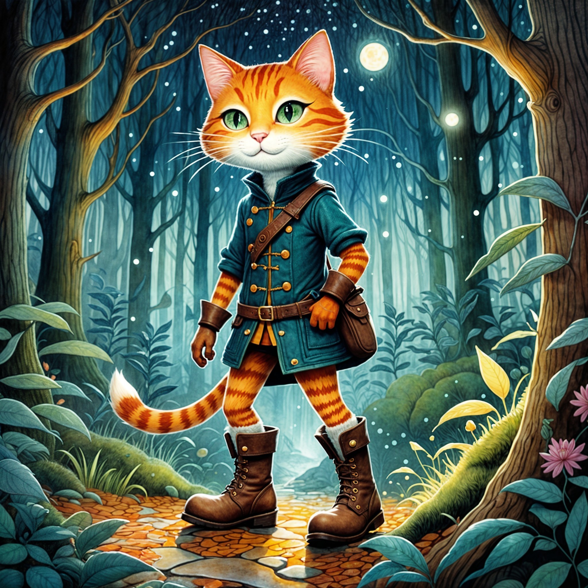 Adventurous Tabby Cat in a Magical Forest Setting