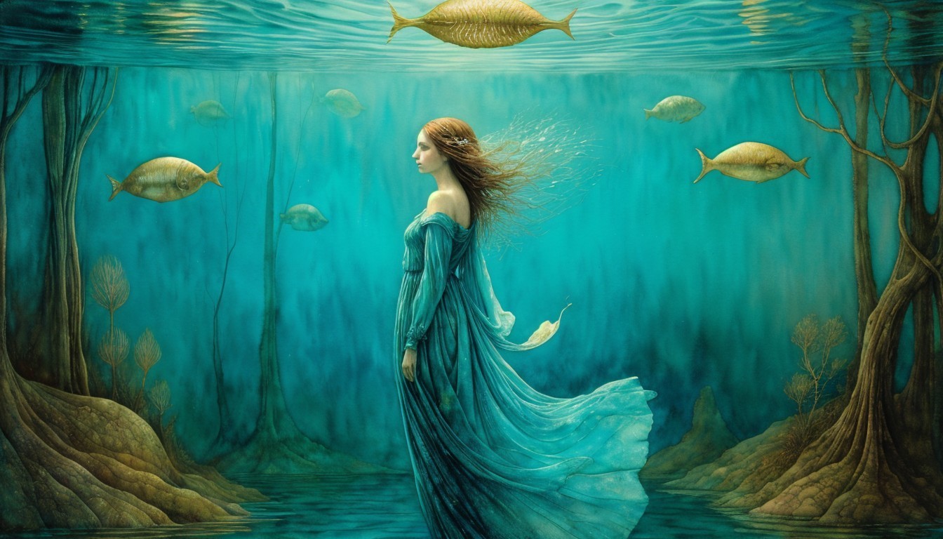 Underwater Scene with Woman in Blue Gown and Fish