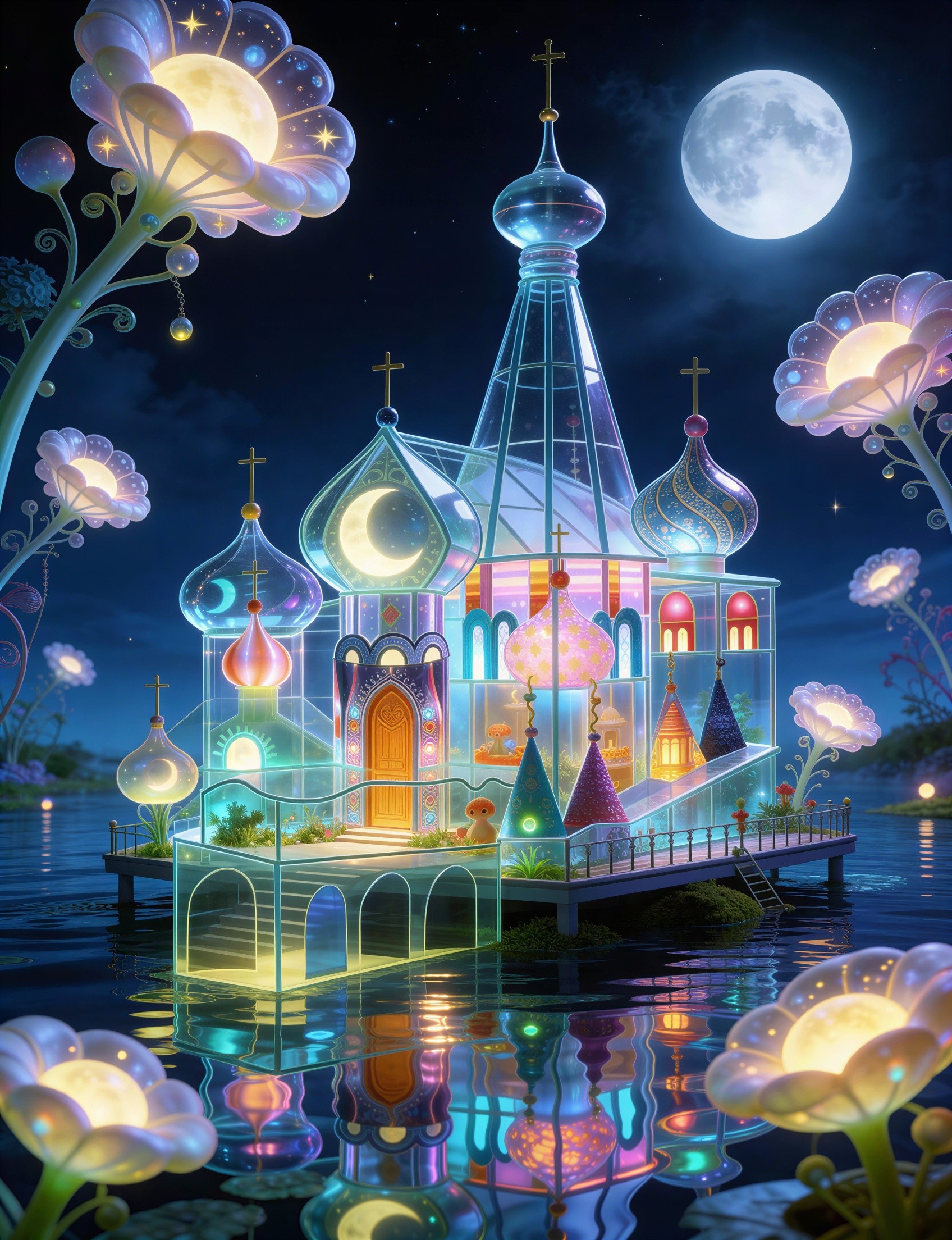 Vibrant Glass Cathedral Illustration at Night