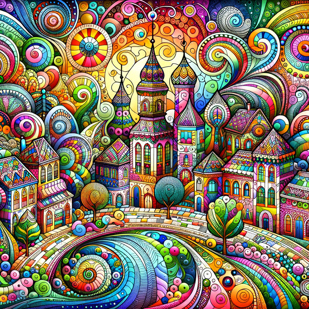Whimsical Town Scene with Colorful Architectural Details