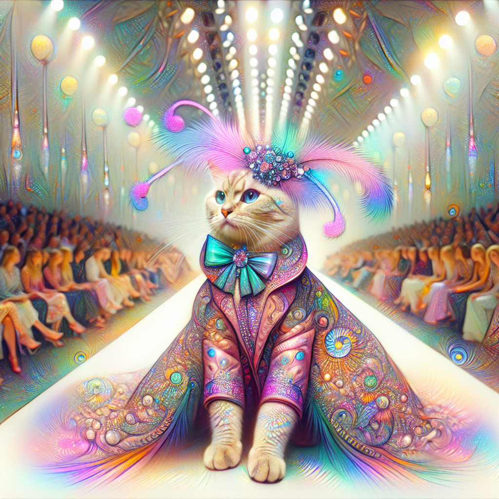 Regal Cat on Fashion Runway in Colorful Outfit