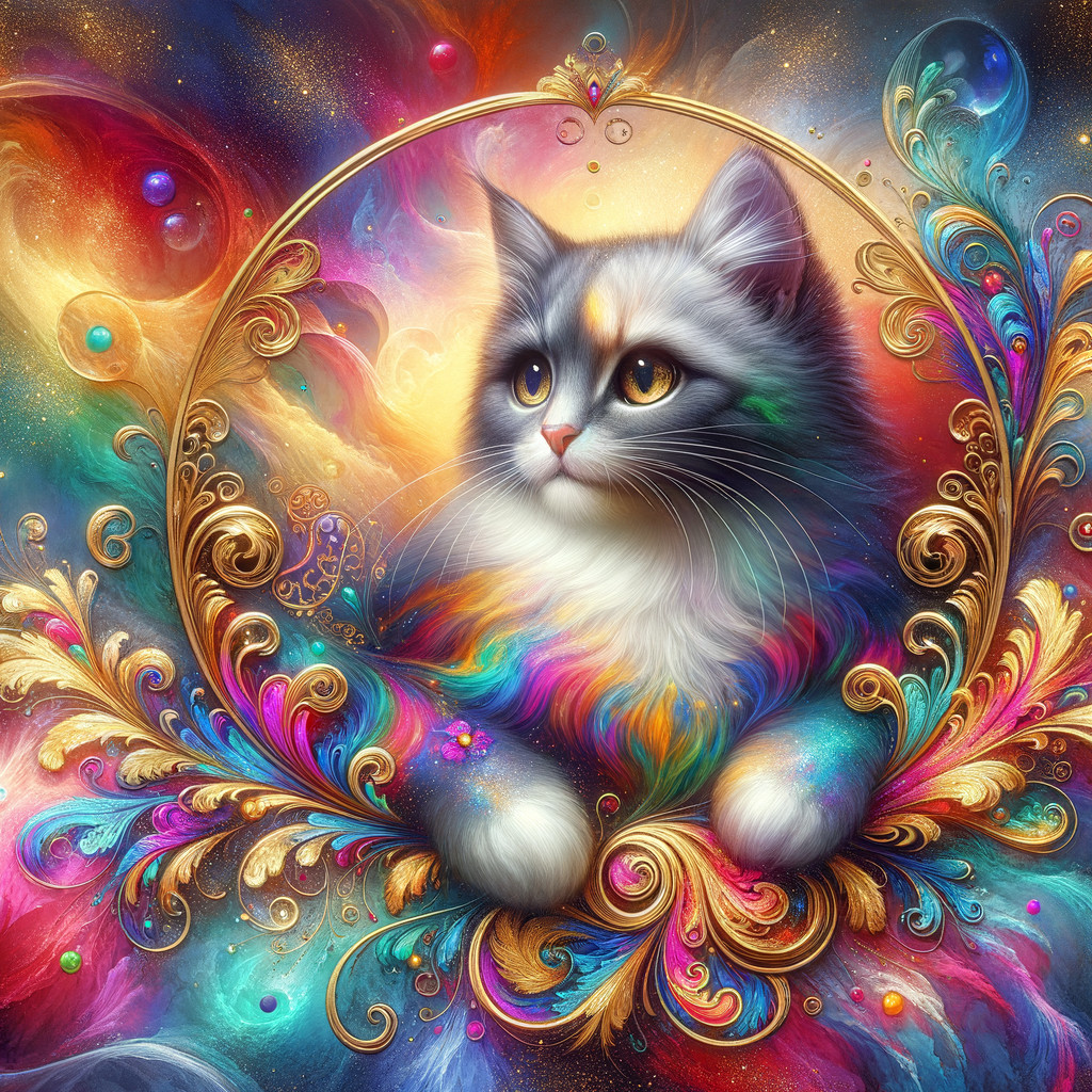 Stylized Cat Surrounded by Cosmic Colorful Design