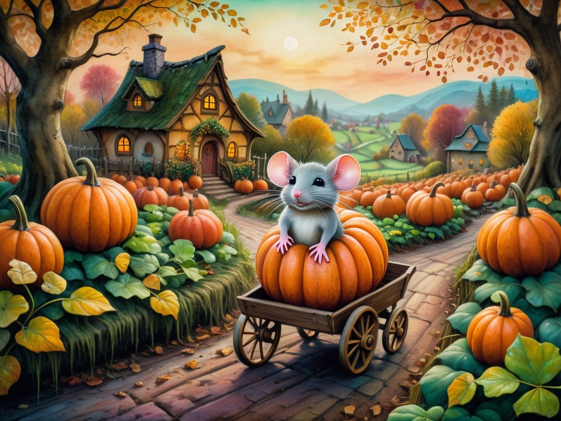 Cheerful Mouse on Pumpkin in Autumn Landscape