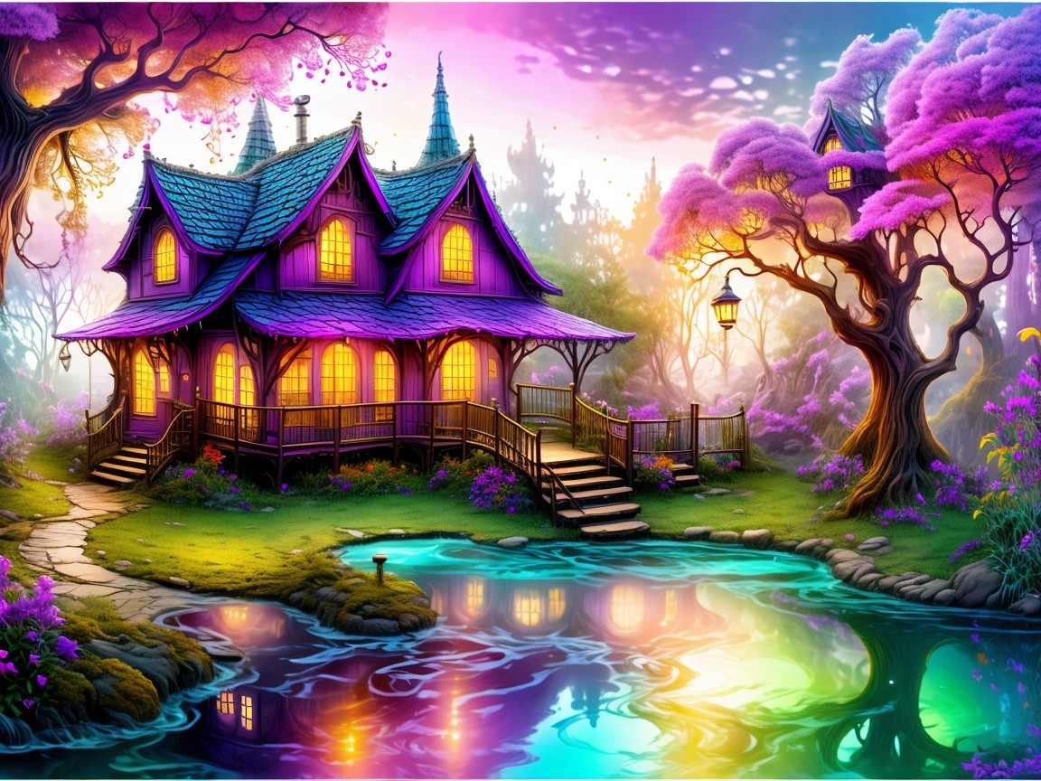 Whimsical Cottage Amidst Vibrant Trees and Pond