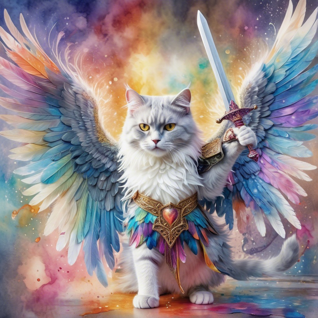 Majestic Cat with Colorful Wings and Armor