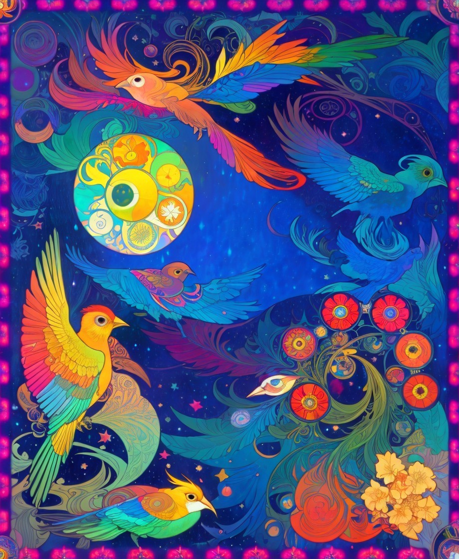Colorful Artwork of Whimsical Birds and Floral Patterns