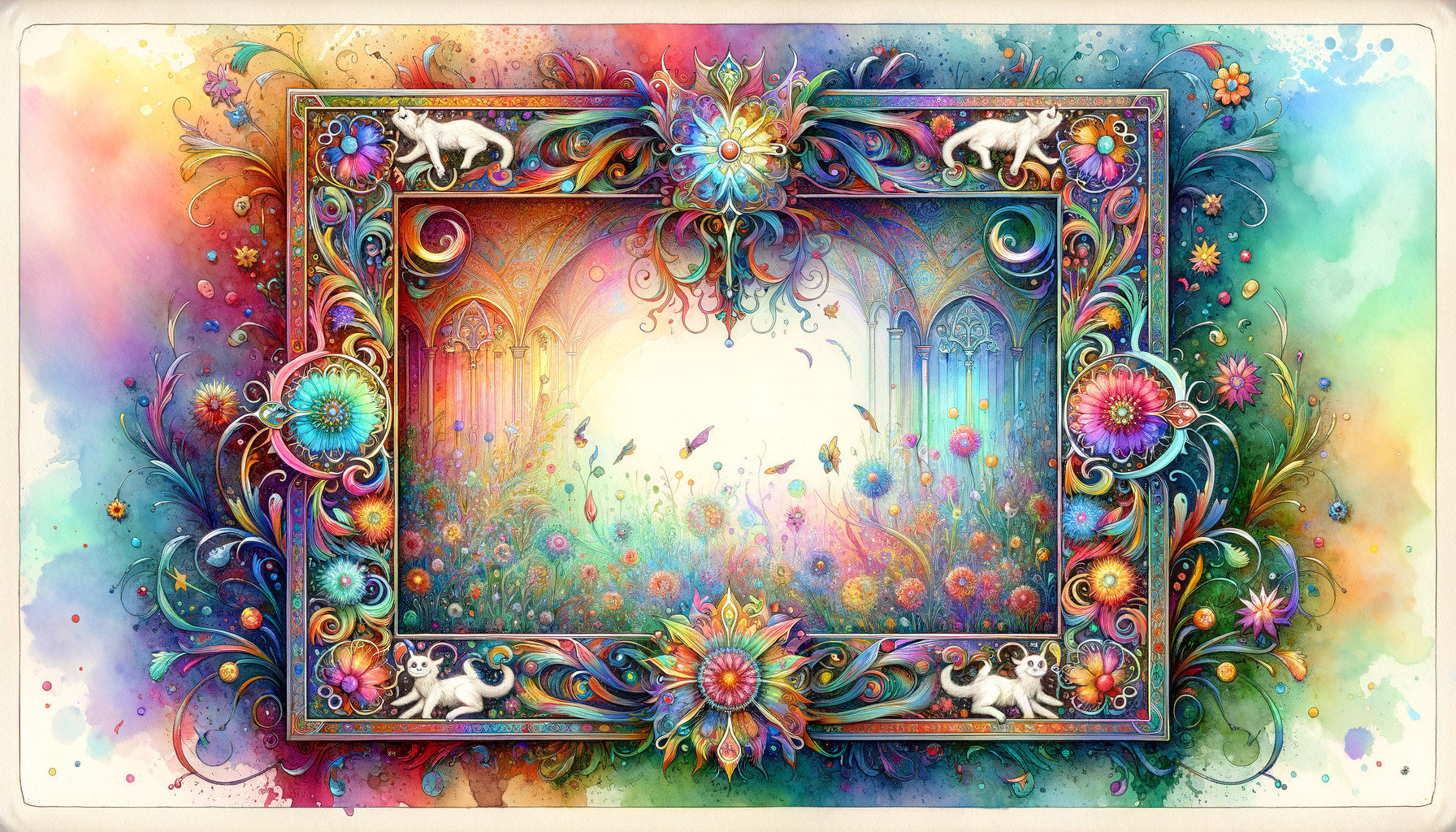 Vibrant Illustration of Floral Patterns and Dreamlike Landscape