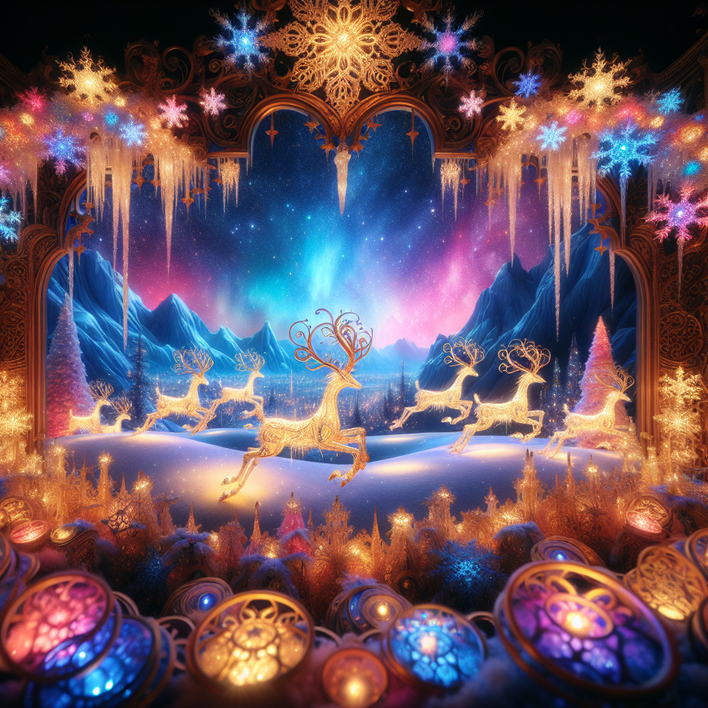 Magical Winter Wonderland with Golden Reindeer and Auroras