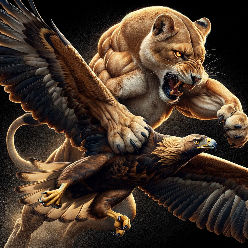Lioness and Eagle in Intense Battle Scene