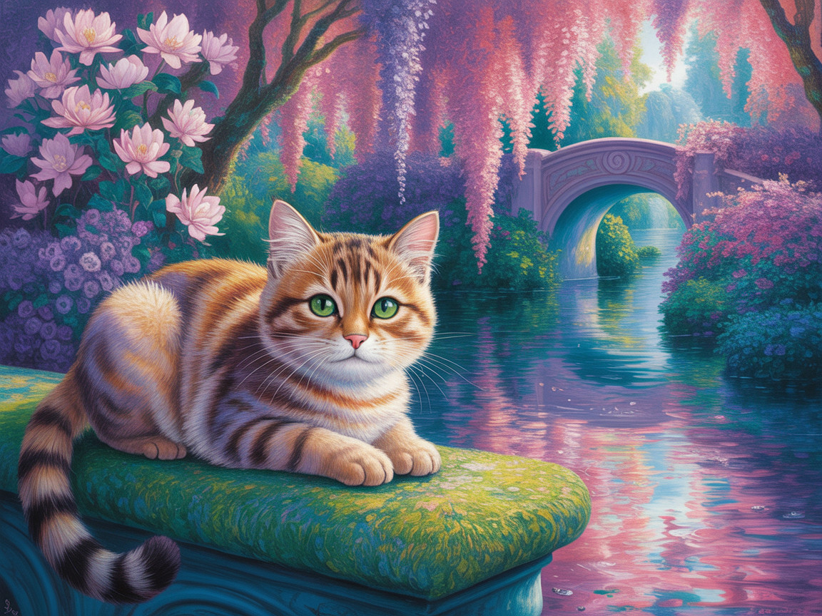 Orange Tabby Cat by a Serene Pond with Flowers