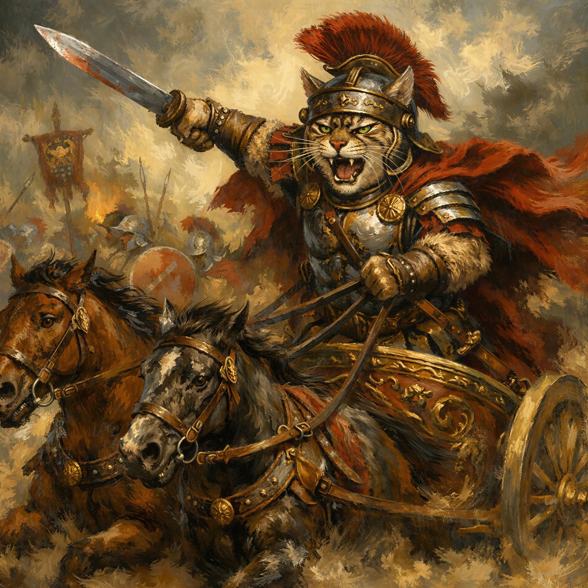 Oil Painting of Cat in Roman Armor on Chariot