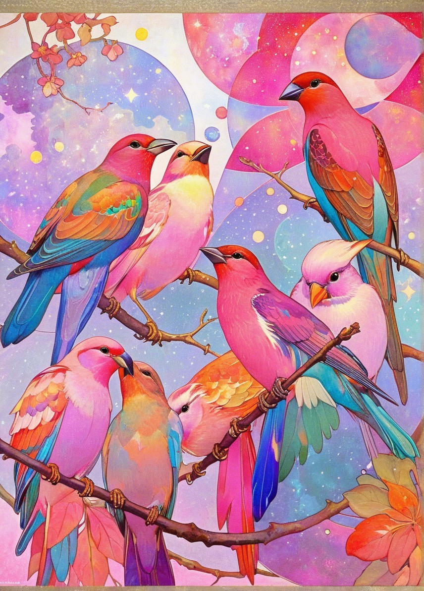 Colorful Birds on Branches with Pastel Background