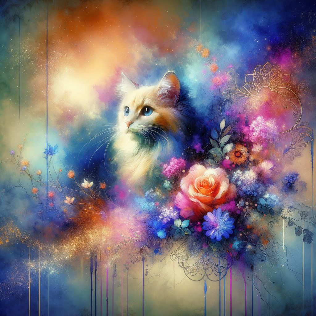 Colorful Artwork of Fluffy Cat Among Vibrant Flowers