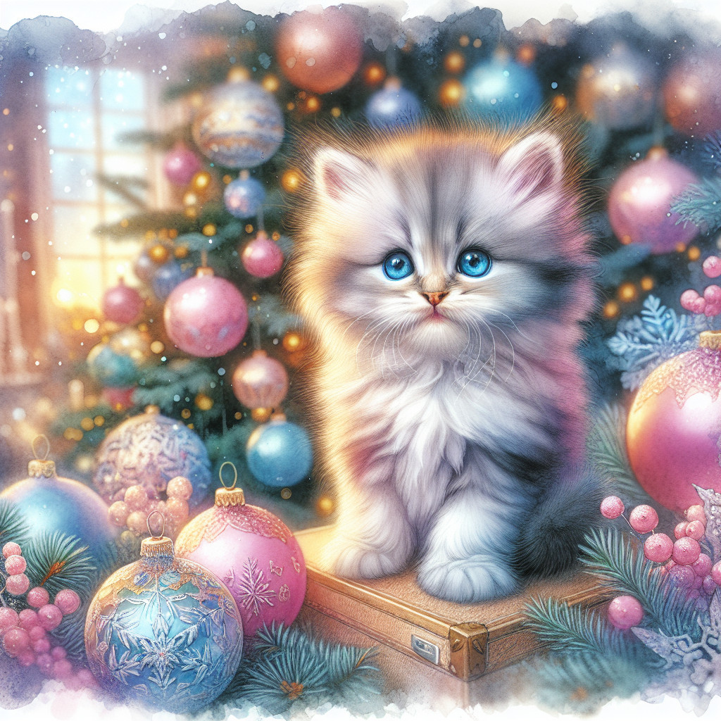 Fluffy Kitten on Vintage Suitcase with Christmas Ornaments