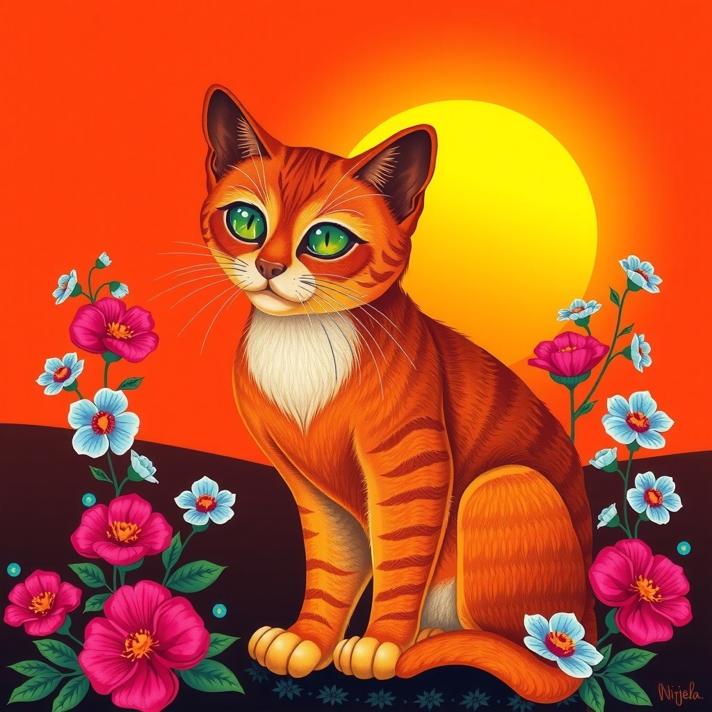 Orange Tabby Cat Amidst Colorful Flowers at Sunset