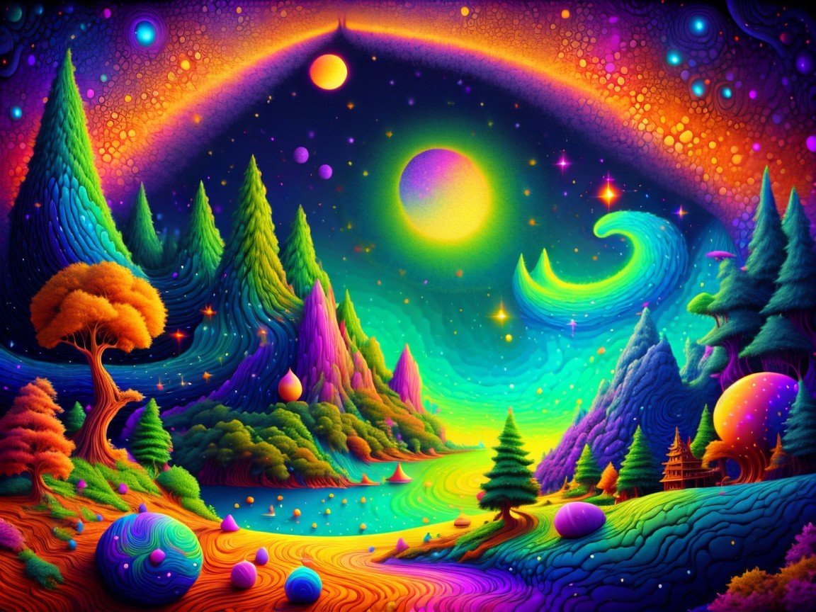 Psychedelic Night Sky with Colorful Moons and Planets