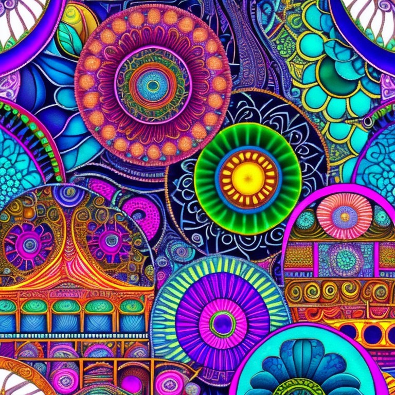Vibrant Kaleidoscopic Circular Pattern in Bold Colors