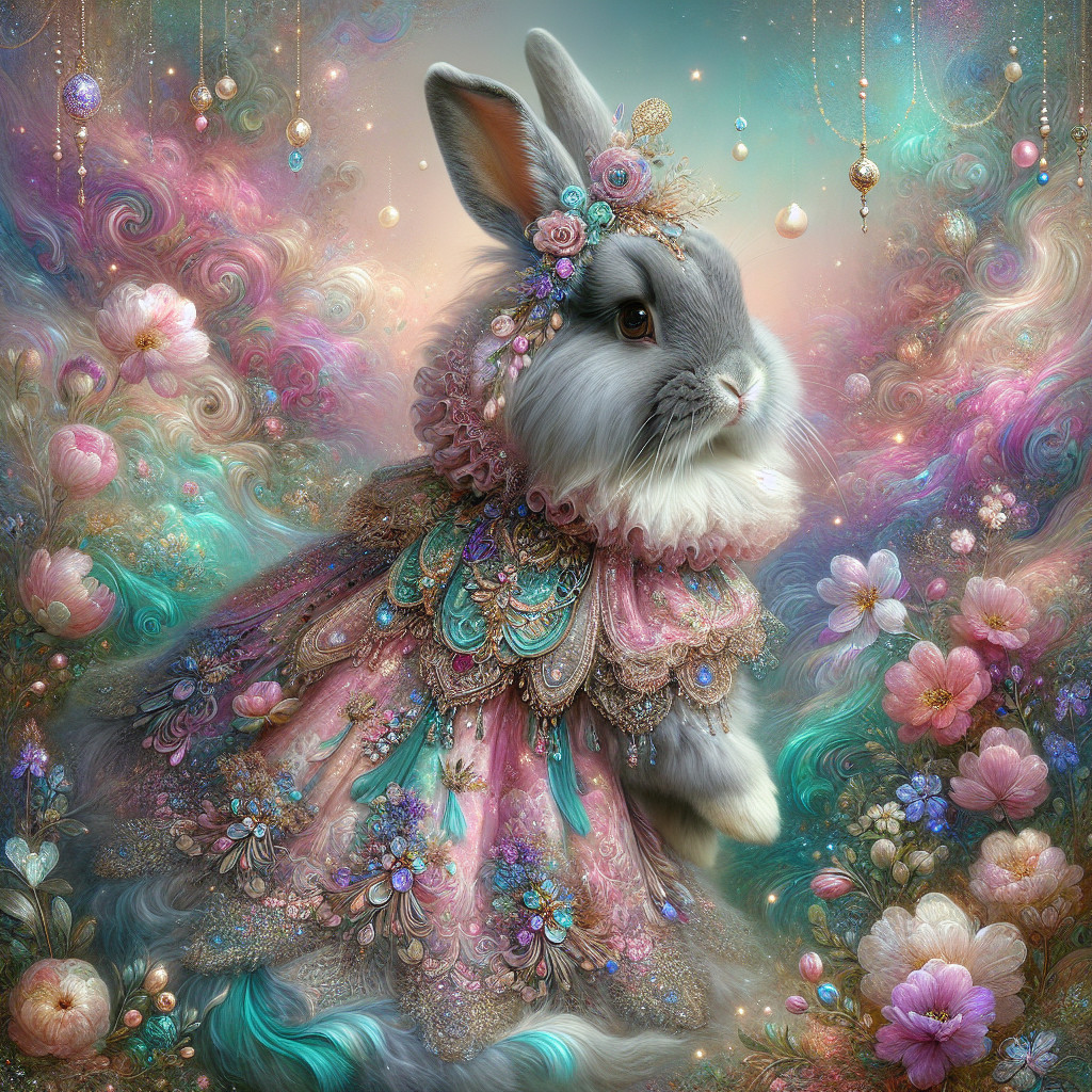 Whimsical Rabbit in Colorful Floral Gown and Crown
