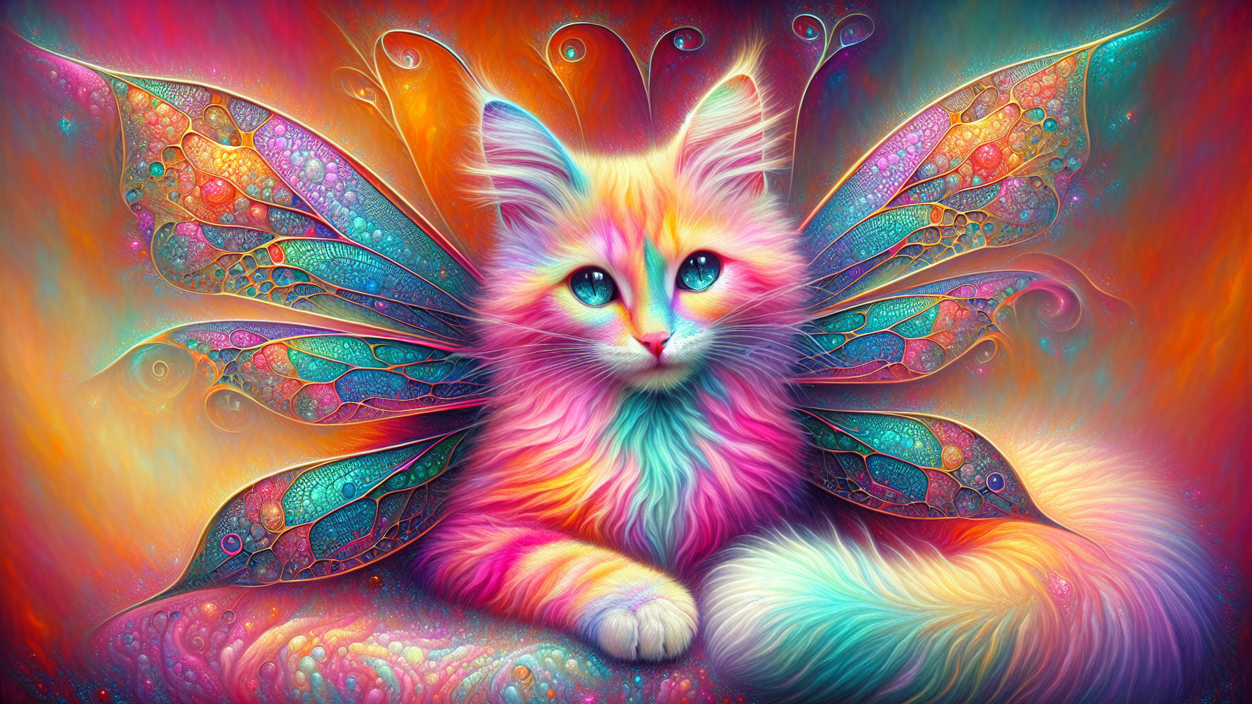 Whimsical Cat with Colorful Fur and Iridescent Wings