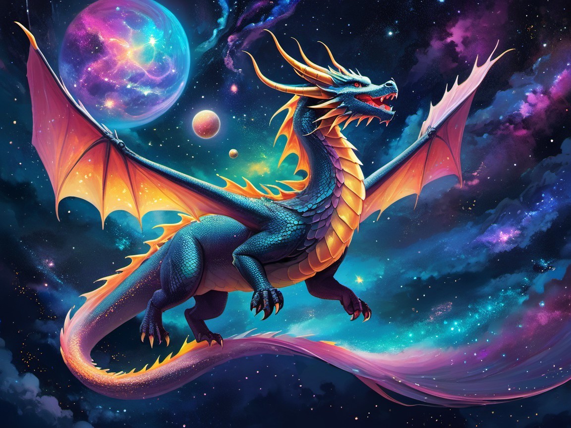 Majestic dragon in vibrant cosmic landscape