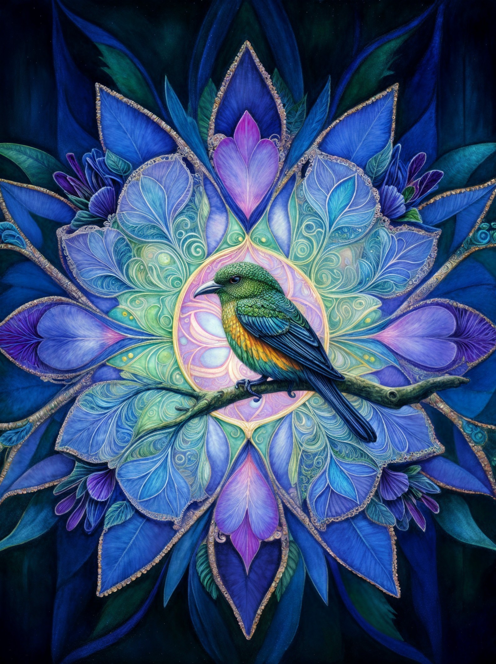 Colorful Bird Among Mandala of Flowers Illustration