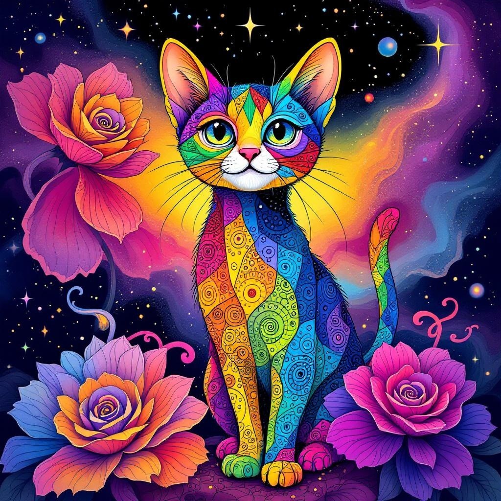 Colorful Cat Against Cosmic Background with Roses